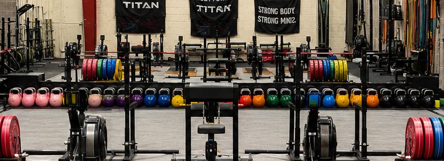 Racks, platforms and racked plates across the training floor