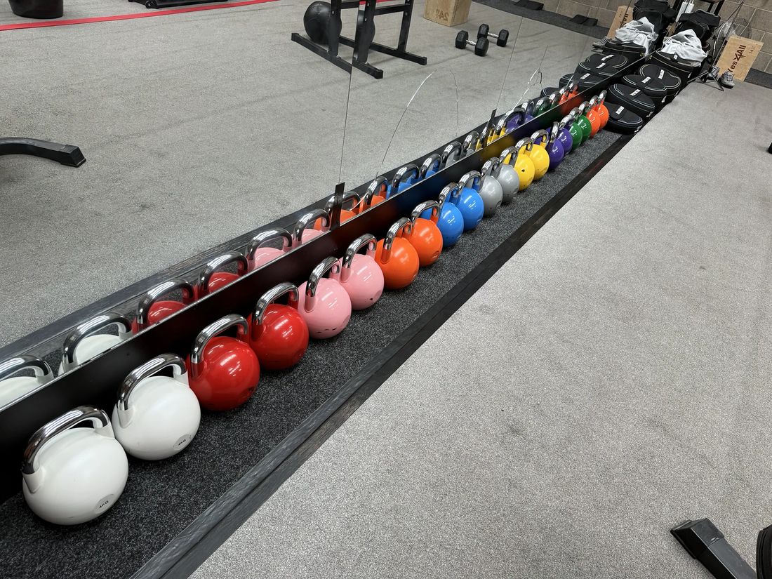 A long wall shelf of colour-coded wall balls and slam balls