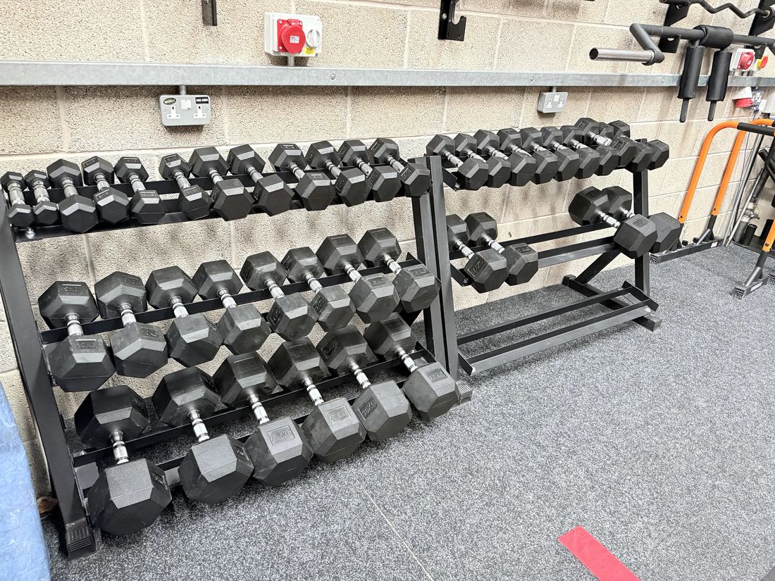 A full three-tier rack of hex dumbbells along the training floor wall