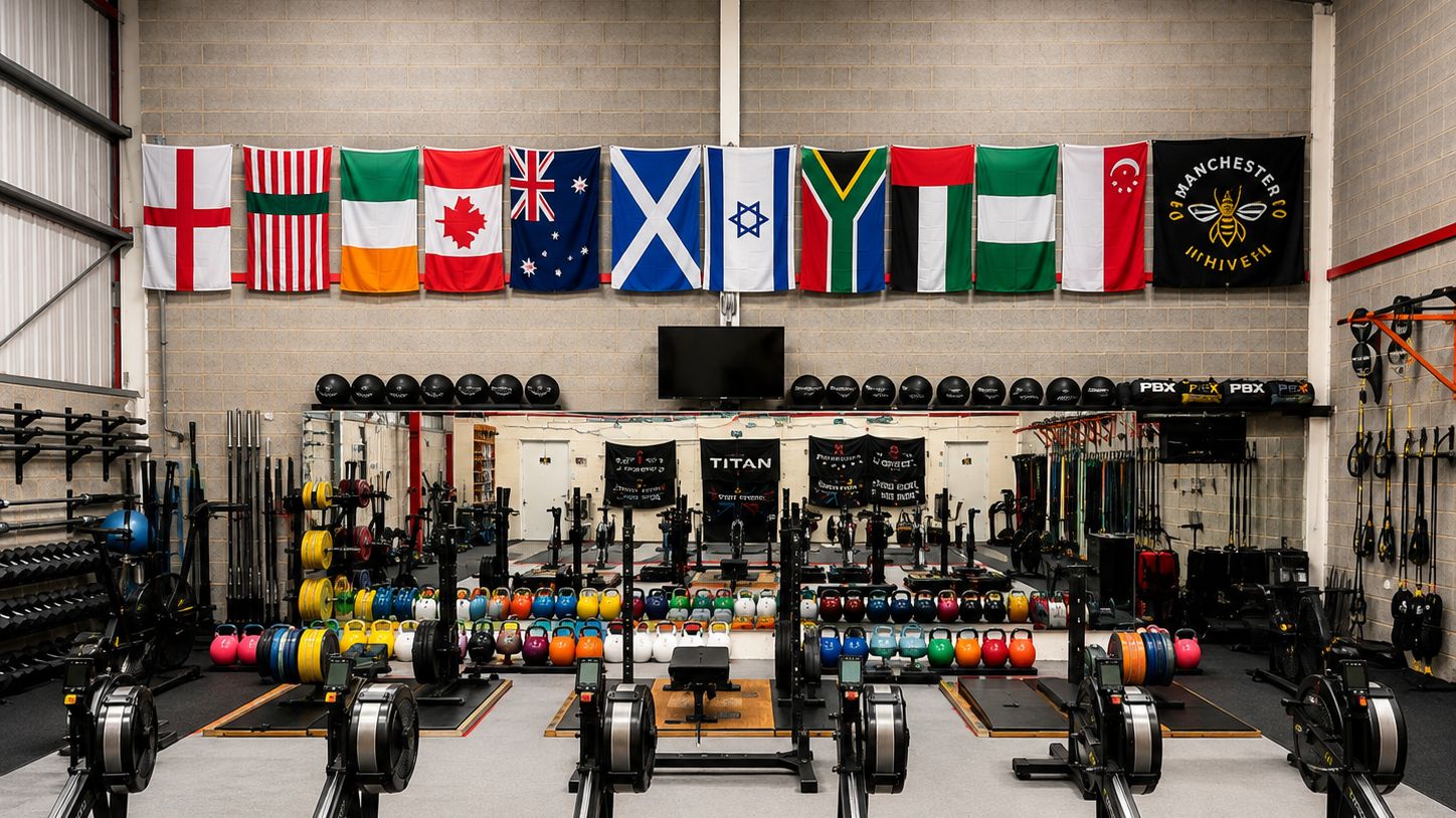 Wide view of the training floor: rowing machines, a long row of kettlebells, racked plates and lifting platforms